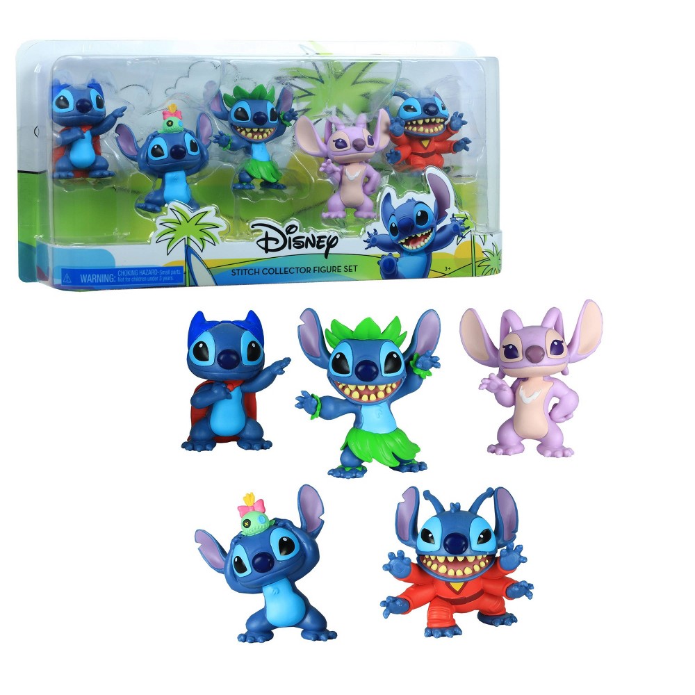 Five colorful Stitch collectible figures in various poses, featuring blue and purple hues, with accessories like crowns and costumes, displayed in a clear plastic box with a tropical design.