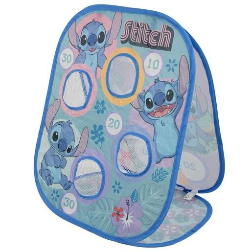 Colorful fabric bean bag toss game featuring Disney's Stitch, with mesh targets numbered 10, 20, and 30, and a playful design of Stitch surrounded by tropical leaves.