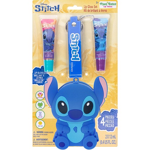 Blue mini bag featuring Stitch from Lilo & Stitch, includes two lip gloss tubes in vibrant colors, with a keychain strap for easy carrying.