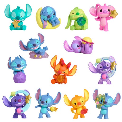 Colorful Disney Stitch figures in various poses, featuring shades of blue, pink, and purple, with playful accessories like stars and planets, showcasing a whimsical, cartoonish design.