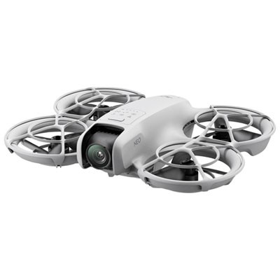 DJI Neo 4 rotors quadcopter in gray with four protective propeller guards, featuring a 12 MP camera and 3840 x 2880 pixel resolution, designed for aerial photography.