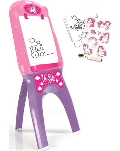 Pink and purple jumbo easel with a unicorn design, featuring a white drawing surface, a clip for paper, and included coloring sheets with unicorn illustrations.