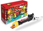 Bright yellow duck-shaped toy gun with a black handle, accompanied by a colorful game box featuring cartoon ducks and vibrant graphics for "Duck Quack Shoot!" on Nintendo Switch.