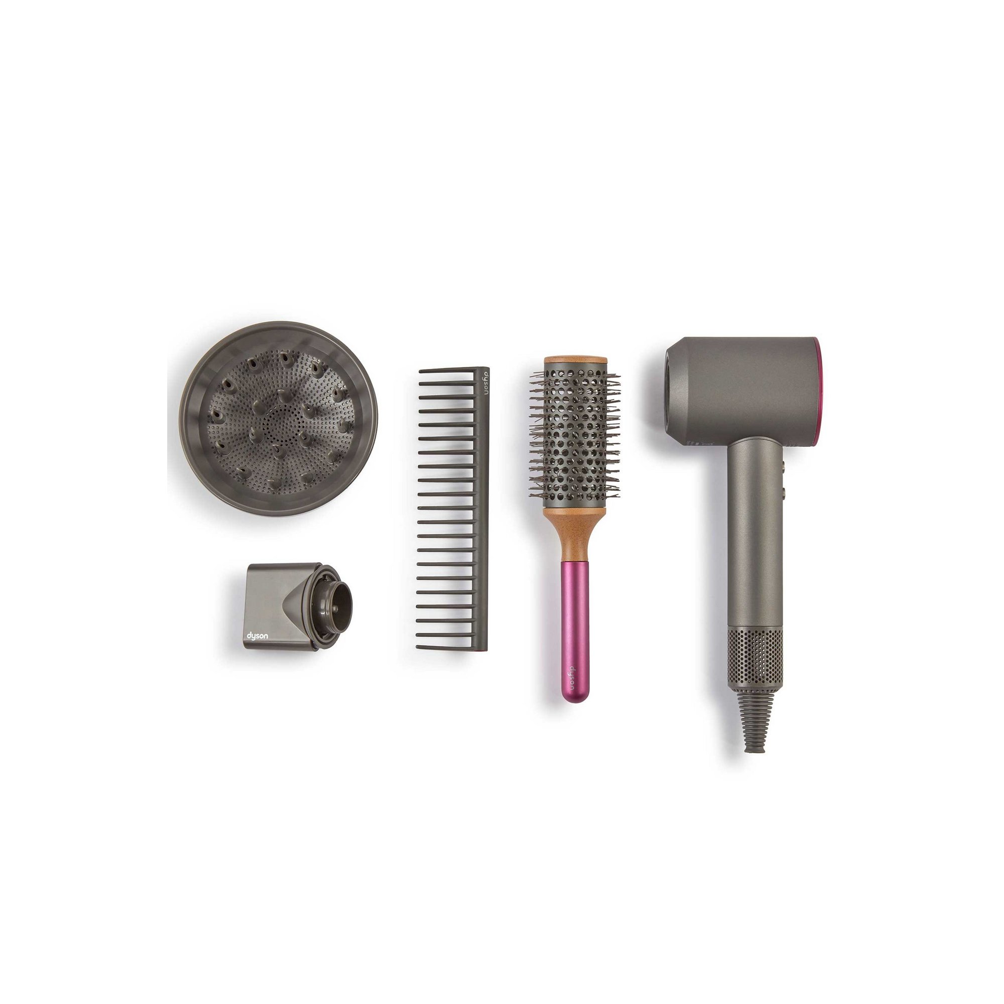 A toy blow dryer set in grey and pink, featuring a blow dryer, diffuser, comb, and round brush, all made of plastic with realistic details for imaginative play.