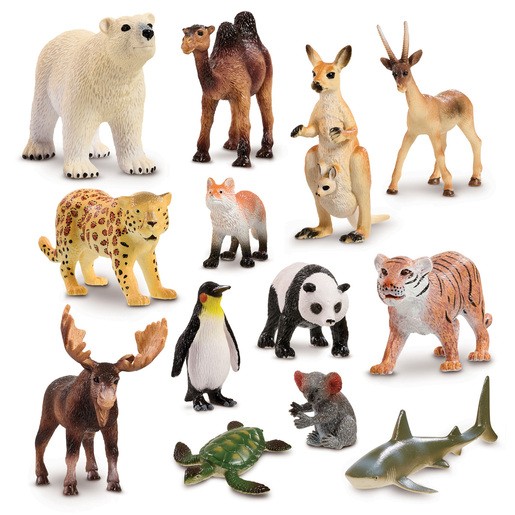 Thirteen colorful plastic animal figures including a polar bear, camel, kangaroo, antelope, leopard, fox, penguin, panda, tiger, moose, koala, turtle, and shark.