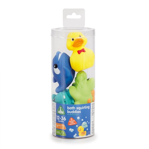 Brightly colored bath squirting toys including a yellow rubber duck, blue fish, and green cactus, packaged in a clear cylindrical container, suitable for ages 12-36 months.
