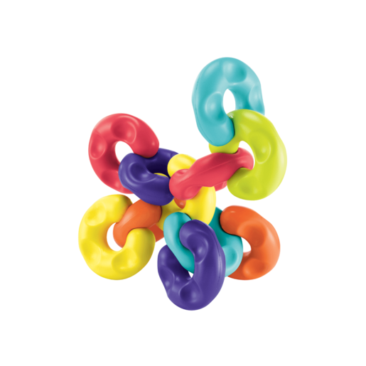 Colorful chunky chain links in bright shades of red, yellow, blue, green, purple, and orange, made from durable plastic, designed for interactive play for children aged 6 months and older.
