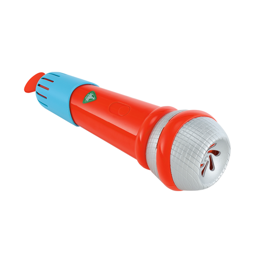 Bright red and blue plastic microphone with a textured silver grille, featuring a button and a playful design, perfect for early learning and imaginative play.