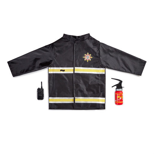Black firefighter jacket with yellow reflective stripes, featuring a badge, accompanied by a toy radio and a red fire extinguisher.