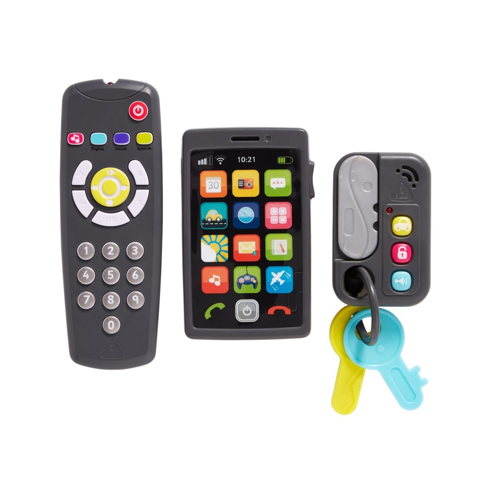 Grey gadget set including a remote control with buttons, a smartphone with colorful app icons, and a keyring with two keys, designed for early learning.