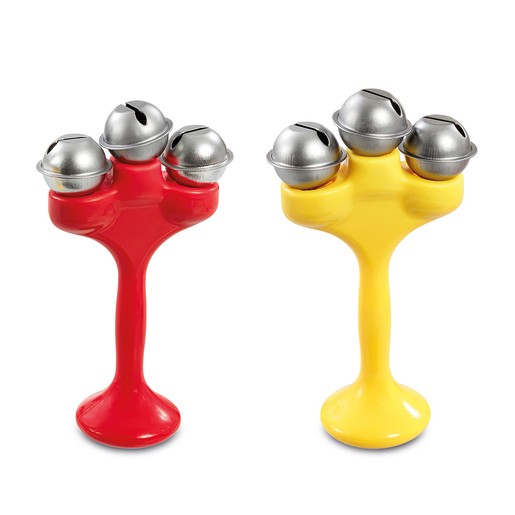 Brightly colored jingle bells instrument in red and yellow, featuring three shiny metal bells atop a smooth, sturdy base, designed for early learning and musical play.