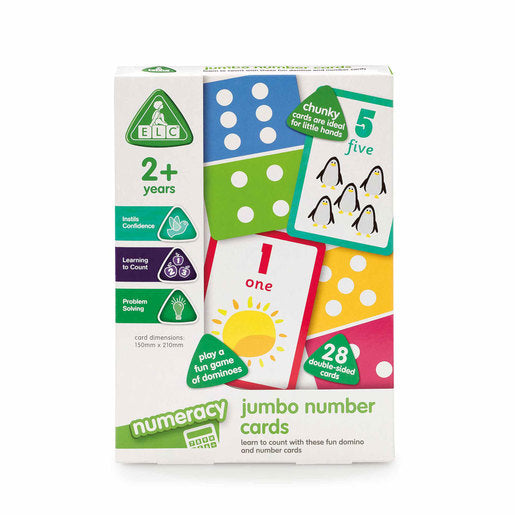 Colorful box containing "Jumbo Number Cards" with vibrant designs, featuring large numbers, dots, and playful illustrations, suitable for children aged 2 and up.