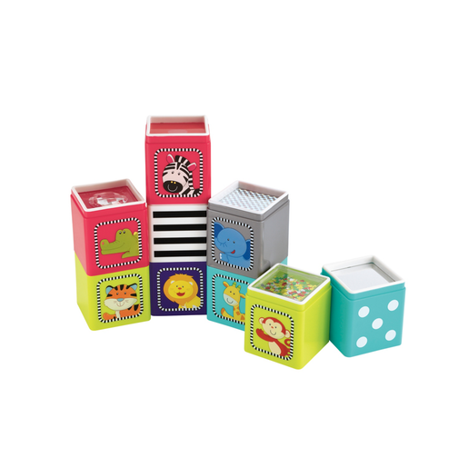 Colorful stacking cubes in pink, blue, green, and yellow, featuring animal designs and patterns, made of durable plastic for early learning play.