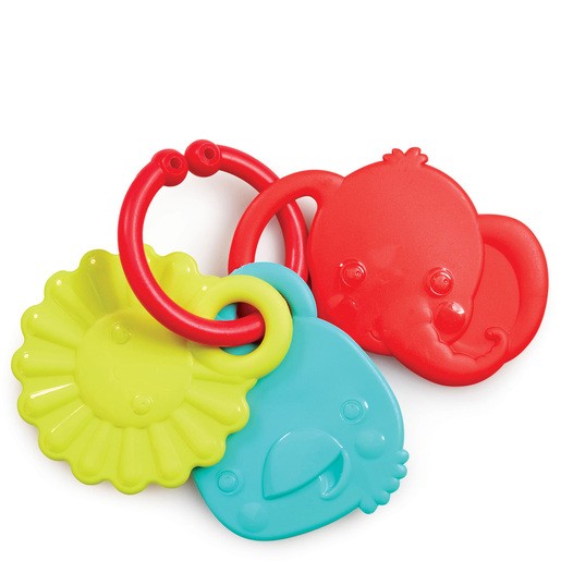 Brightly colored sensory teether set featuring a red octopus, yellow lion, and blue bird shapes, made of soft, durable plastic, attached with a sturdy ring for easy handling.