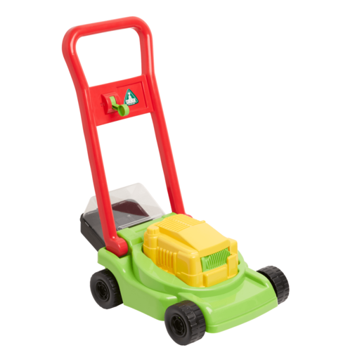 Bright green toy lawnmower with a red handle, yellow engine cover, and black wheels, featuring a clear plastic grass catcher and a safety switch symbol.
