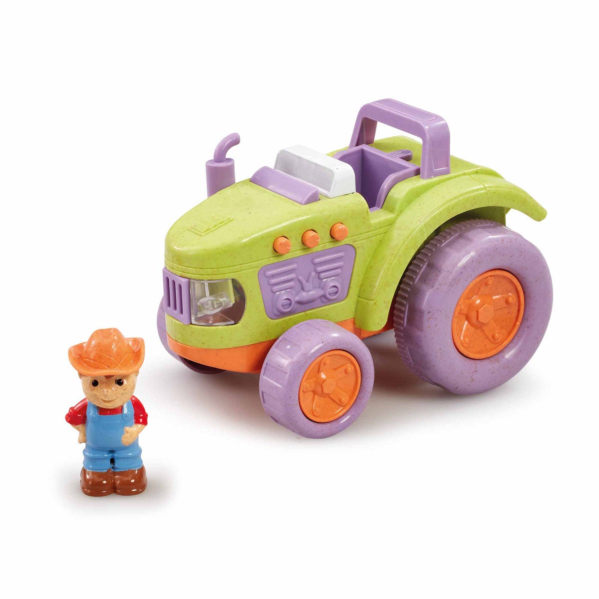 Eco-friendly green and purple tractor toy with orange wheels, accompanied by a farmer figure wearing a cowboy hat and blue overalls.