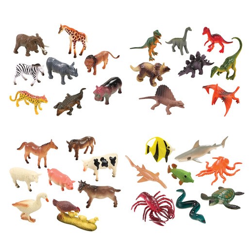 A collection of 8 mini plastic animal figures in various colors, including dinosaurs, farm animals, and sea creatures, displayed in a clear tube, featuring assorted styles and designs.