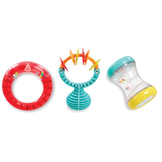 Brightly colored sensory music set featuring a red circular rattle, a turquoise spiral with colorful rings, and a transparent hourglass shaker with yellow and blue accents.