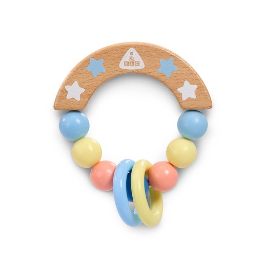 Wooden bead rattle featuring a curved, light wood arch with blue stars, pastel-colored beads, and interlocking rings in pink, blue, and yellow, designed for early learning.