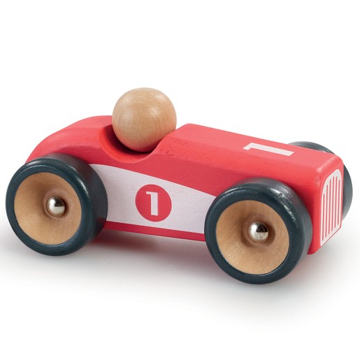 Bright red wooden car with a round wooden driver, featuring a white number "1" on the side and black wheels with gold rims, designed for early learning play.