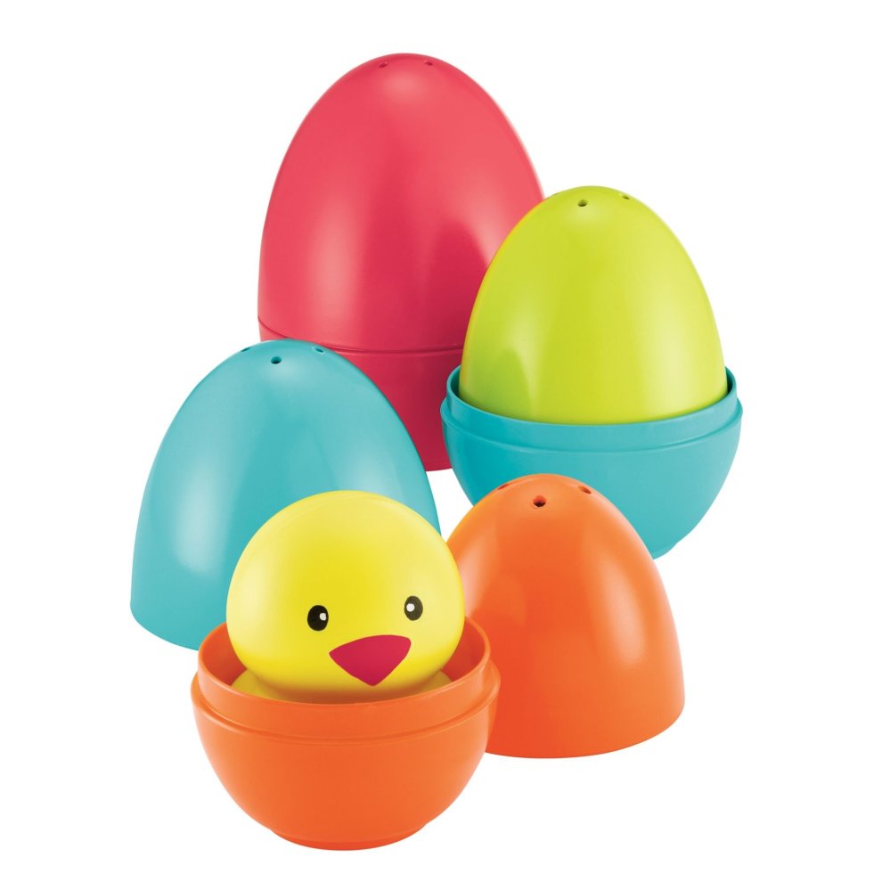 Colorful plastic nesting eggs in pink, green, blue, and orange, with a yellow chick peeking out from the orange egg, designed for early learning and play.