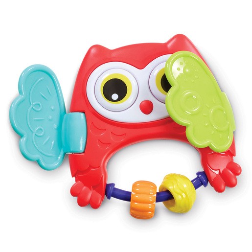 Bright red owl-shaped sensory toy with large yellow eyes, movable green wings, and colorful beads on a blue ring, designed for early learning and tactile exploration.