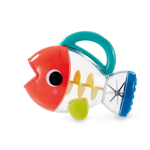 Colorful fish-shaped bath toy with a red body, blue tail, and yellow spirals; features a handle for easy gripping and a small scoop for pouring water.