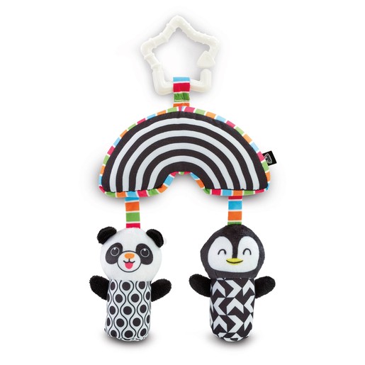 Colorful pram toy featuring a black and white striped rainbow shape with plush panda and penguin characters, designed for sensory play with a clip for easy attachment.