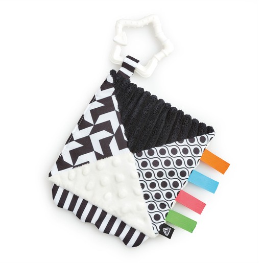 Sensory square pram toy featuring a mix of black and white patterns, textured fabric, and colorful tags, with a star-shaped plastic clip for attachment.