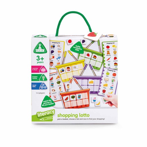 Colorful box featuring the "Shopping Lotto" game with illustrations of shopping baskets, food items, and a green handle, designed for children aged 3 and up.