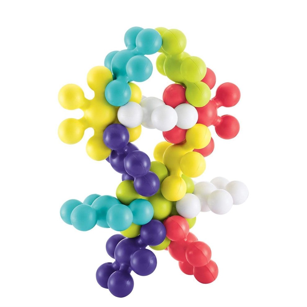Colorful plastic building toy featuring interlocking star-shaped pieces in turquoise, yellow, red, white, and purple, designed for children aged 12 months and older.