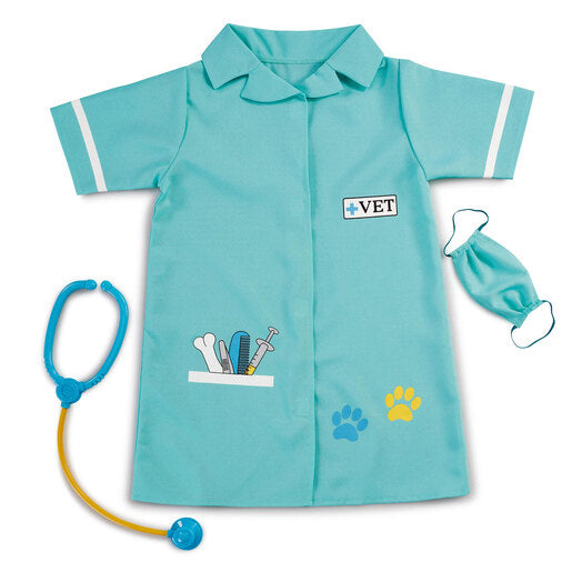 Turquoise vet roleplay costume featuring a shirt with white stripes, a pocket with vet tools, a stethoscope, and a matching mask, designed for early learning play.