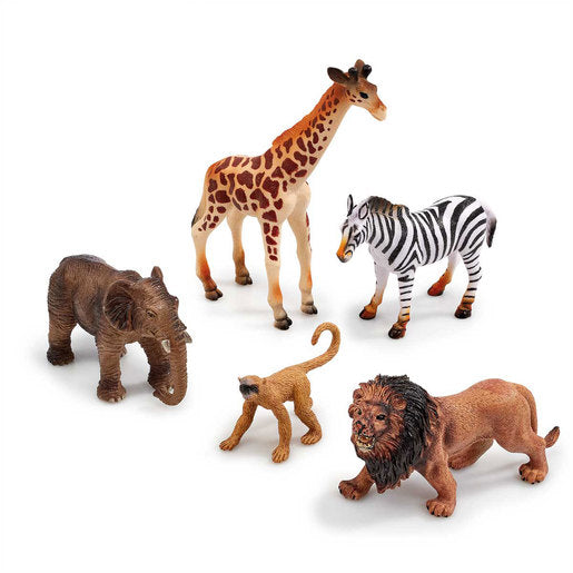 A set of five colorful plastic wild animal figurines including a giraffe, zebra, elephant, monkey, and lion, featuring realistic details and textures.