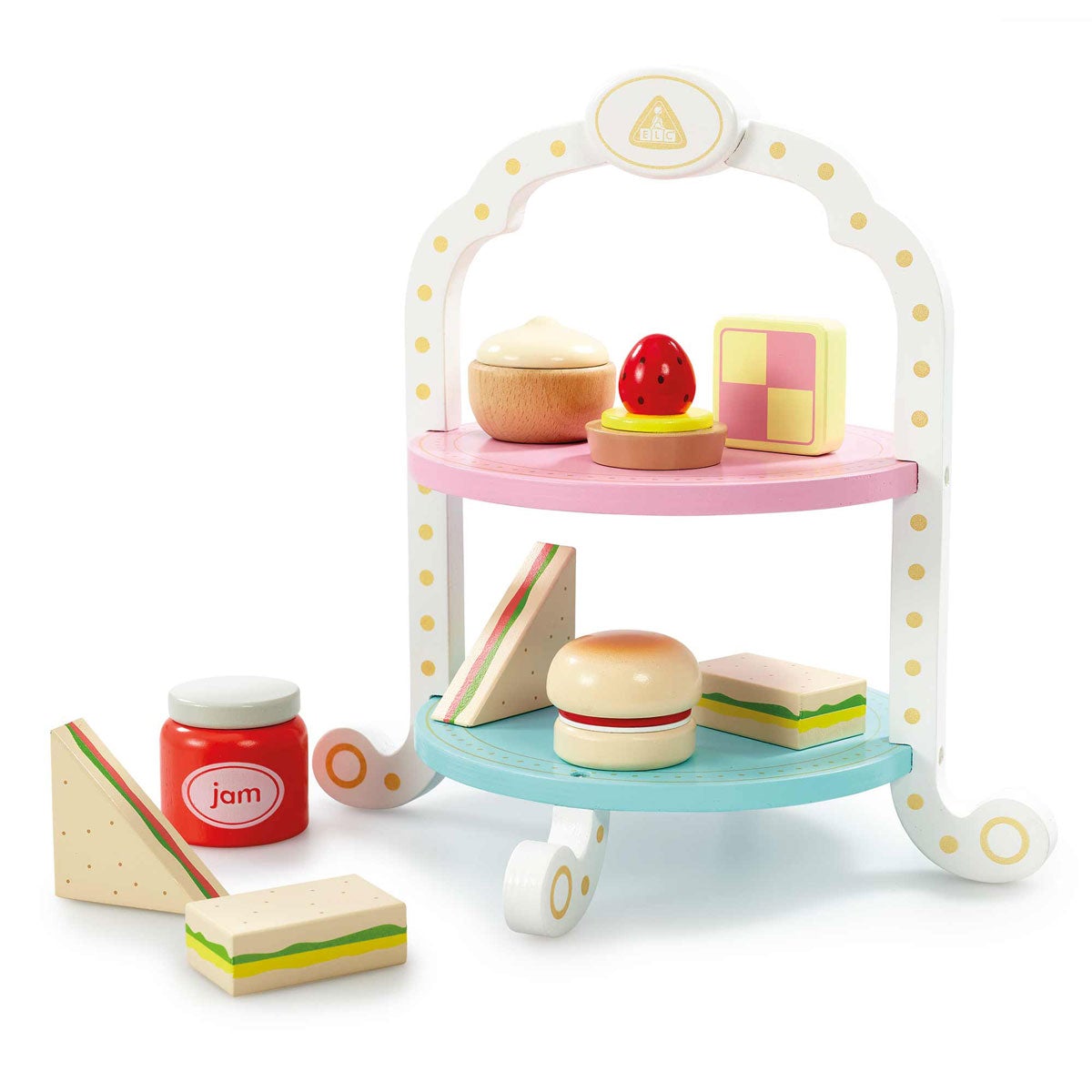 Wooden afternoon tea playset with a two-tier stand featuring pink and blue shelves, assorted toy treats including sandwiches, a cupcake, a strawberry, and a jar of jam.