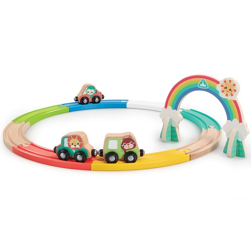 Colorful wooden train set featuring three animal-themed carriages, rainbow track, and playful scenery with clouds and sun, designed for early learning and imaginative play.