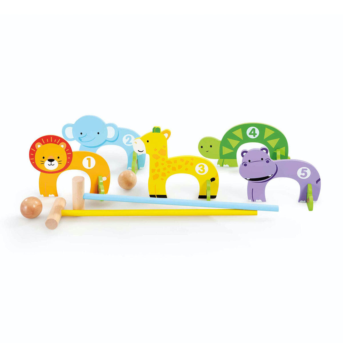 Brightly colored wooden croquet set featuring animal-shaped wickets, including a lion, monkey, giraffe, and hippo, with two mallets and balls in vibrant hues.