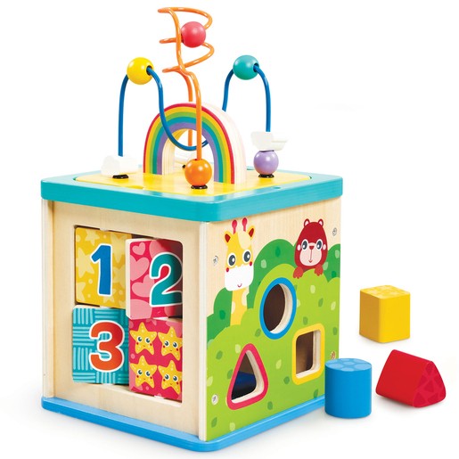 Colorful wooden cube activity toy featuring a rainbow, bead maze, shape sorter, and numbered blocks, designed for early learning with vibrant animal illustrations.
