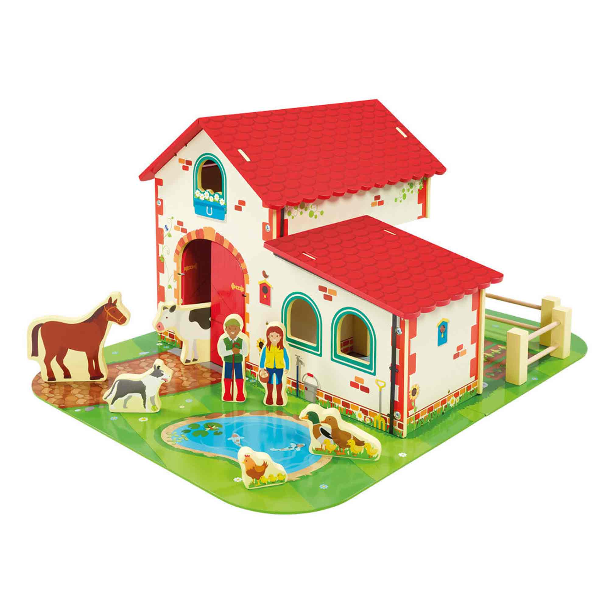 Wooden farm playset featuring a red-roofed barn, a pond, and colorful animal figures including a horse, cow, and sheep, designed for early learning and imaginative play.