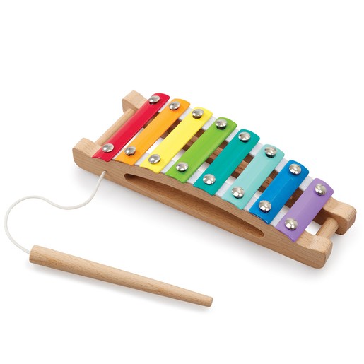 Colorful wooden glockenspiel with eight vibrant metal keys in red, orange, yellow, green, blue, and purple, accompanied by a wooden mallet and a string for easy handling.