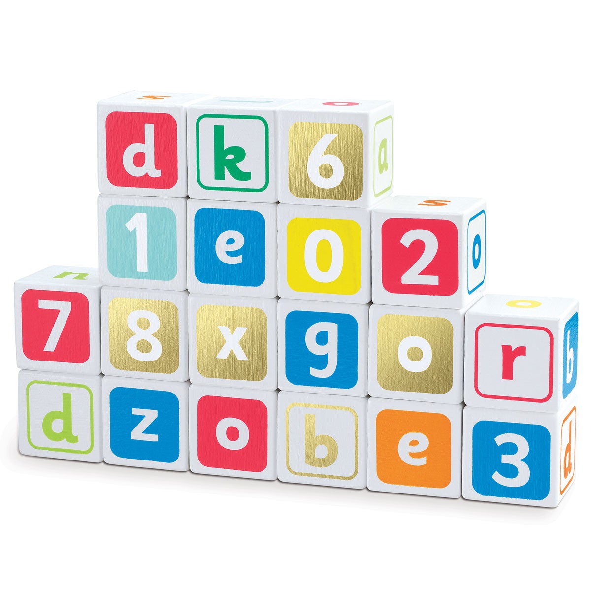 Colorful wooden learning blocks in various colors and sizes, featuring letters, numbers, and gold accents, arranged in a pyramid shape.
