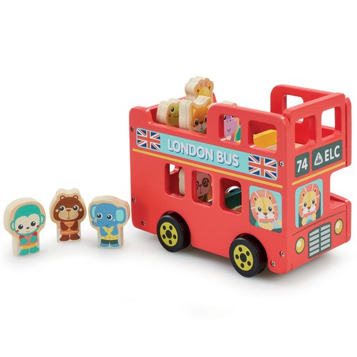 Bright red wooden London bus playset featuring a two-tier design, with animal character figures included, and decorated with British flags and the number 74.