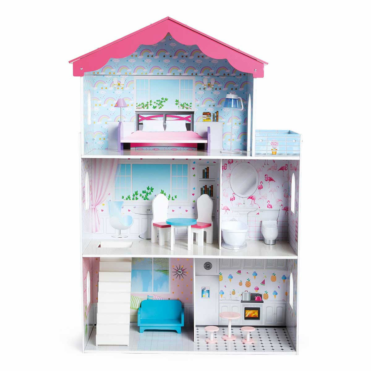 Wooden dolls house featuring a pink roof, colorful interior with pastel walls, furniture including a blue sofa, dining table, and decorative details like rainbows and flamingos.