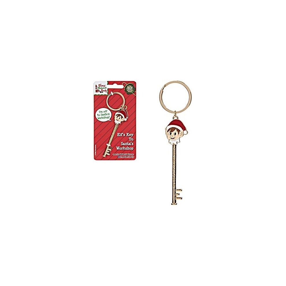 Gold die-cast key with a festive elf head wearing a Santa hat, attached to a keyring, packaged in a red and white card with holiday-themed graphics.