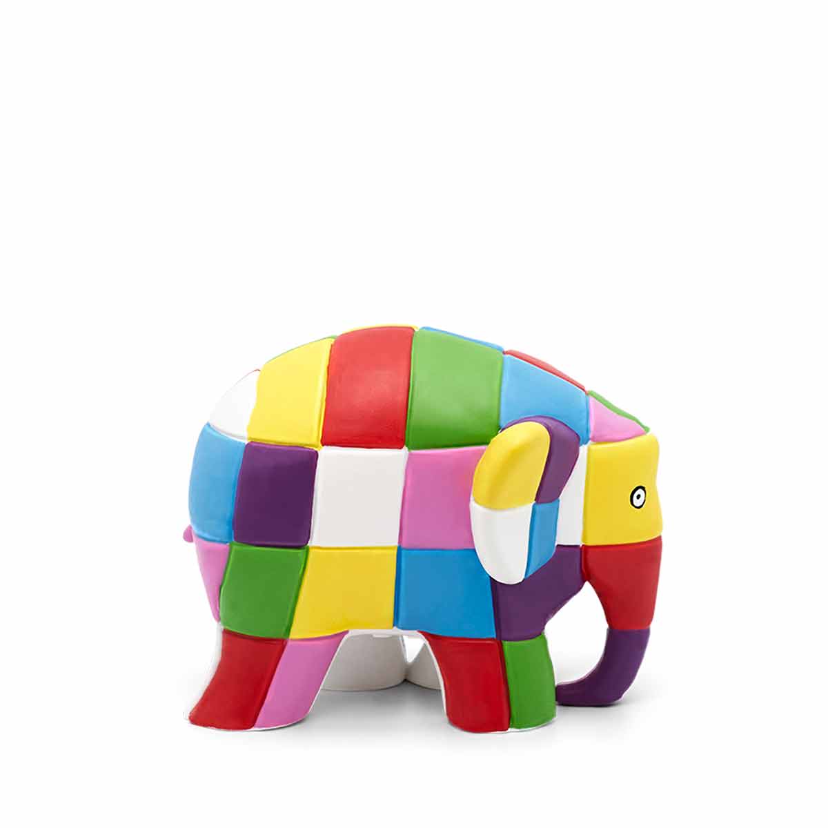 Colorful, patchwork elephant figurine with bright squares in red, blue, yellow, green, and pink, featuring a friendly face and a raised trunk, made of durable plastic.