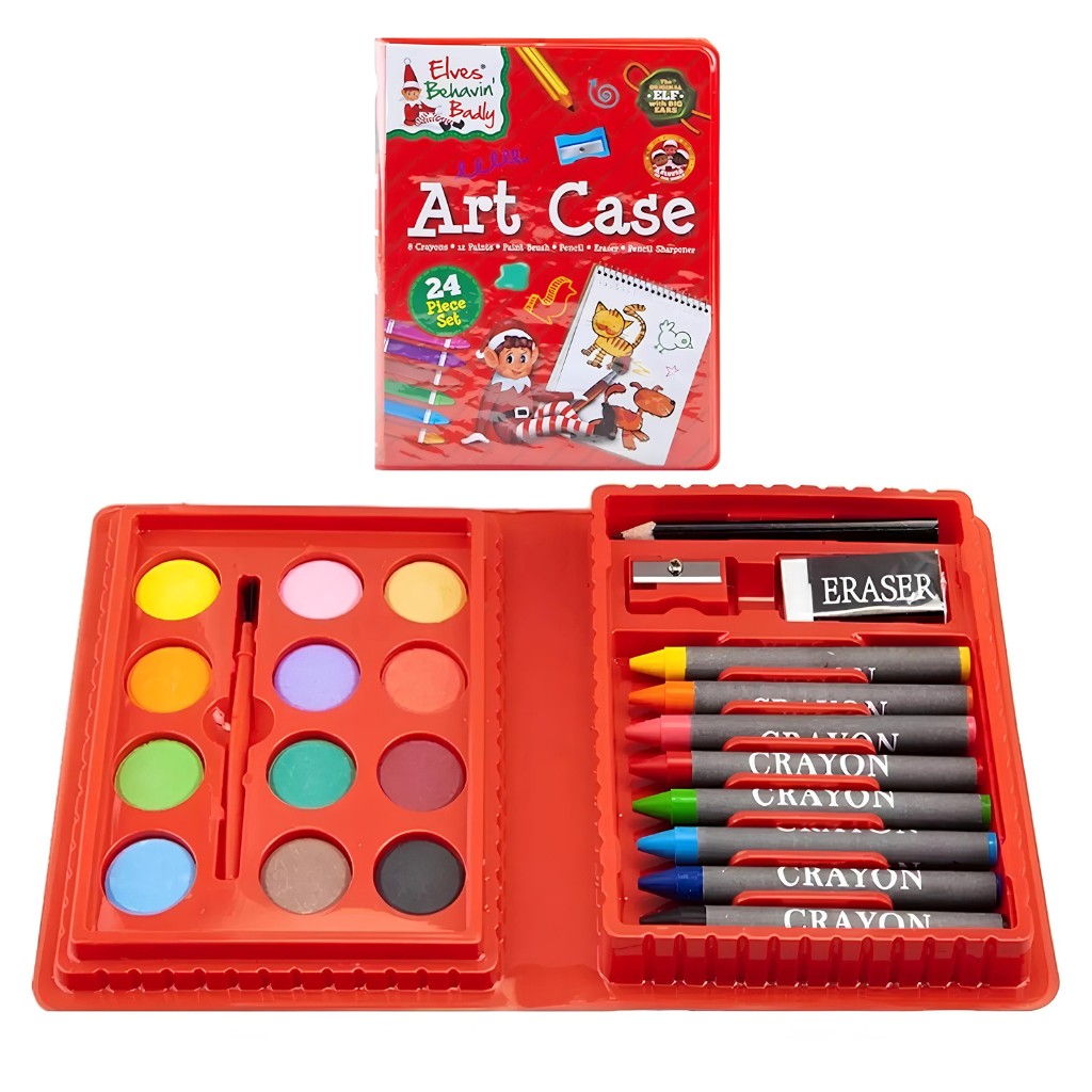 Bright red carry case containing 24 art supplies, including 12 watercolors, 12 colored crayons, an eraser, and a sharpener, all featuring playful elf-themed designs.