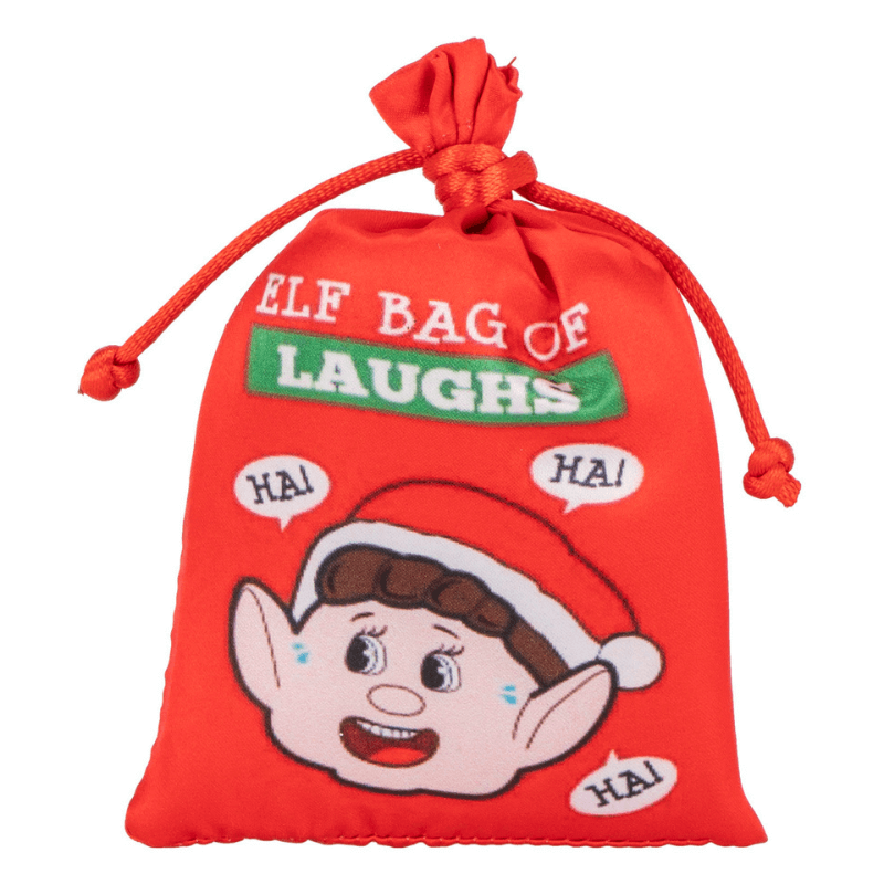 Bright red fabric bag with a drawstring, featuring a cartoon elf with a Santa hat and the text "ELF BAG OF LAUGHS" and "HA!" in green and white.