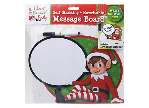Self-standing, green rewritable message board featuring a playful elf character, complete with a blank speech bubble and a dry erase marker for creating messages.