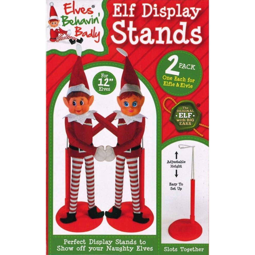 Two festive elf display stands in red and green, featuring mischievous elves with pointy hats and striped outfits, designed for 12-inch elves, adjustable height, and easy to set up.