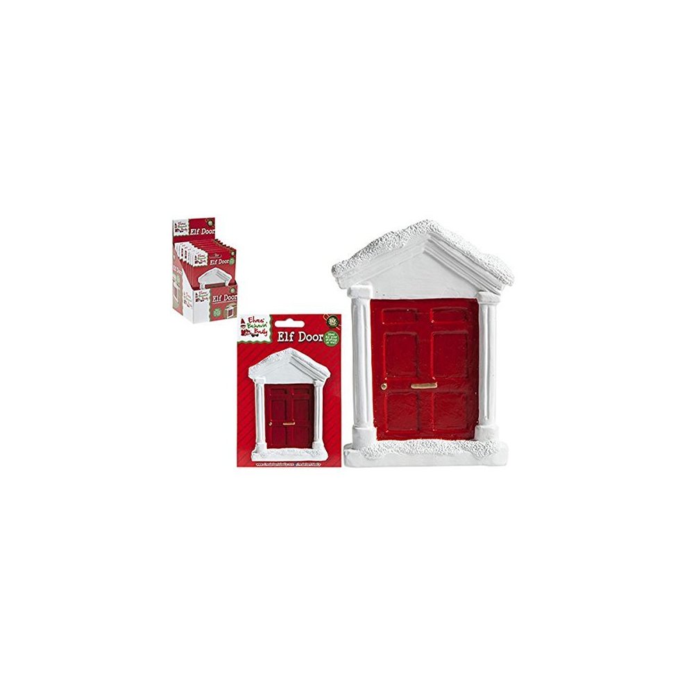 Magical red and white Christmas elf door with a textured finish, featuring a detailed door and roof, packaged alongside a smaller version in a festive box.