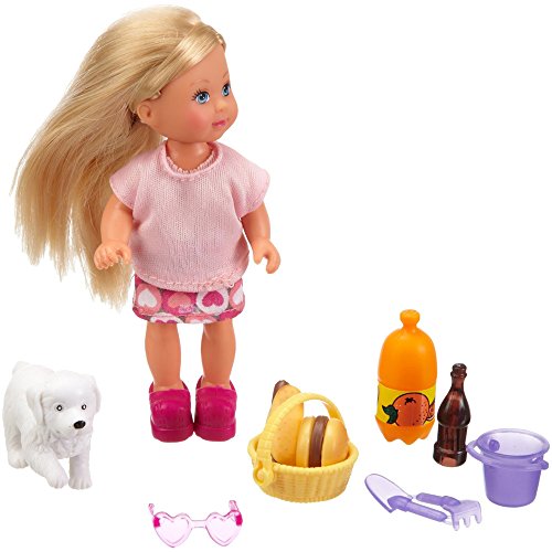 Evi Love doll with long blonde hair, wearing a pink top and skirt, accompanied by a white dog, picnic basket, drinks, and accessories in vibrant colors.